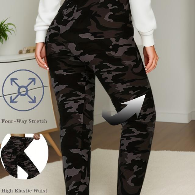 TEMU Plus Size - Plus Size - Autumn And Winter Plus-size Fashionable Women's Camouflage Casual Leggings, Soft Tights, Three-quarter Length Pants With Elastic Waist