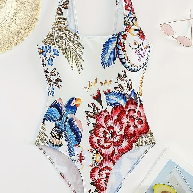 TEMU Plus Size Bird Floral Print Backless One-piece Swimsuit, Bathing Suits, Women's Swimwear & Clothing
