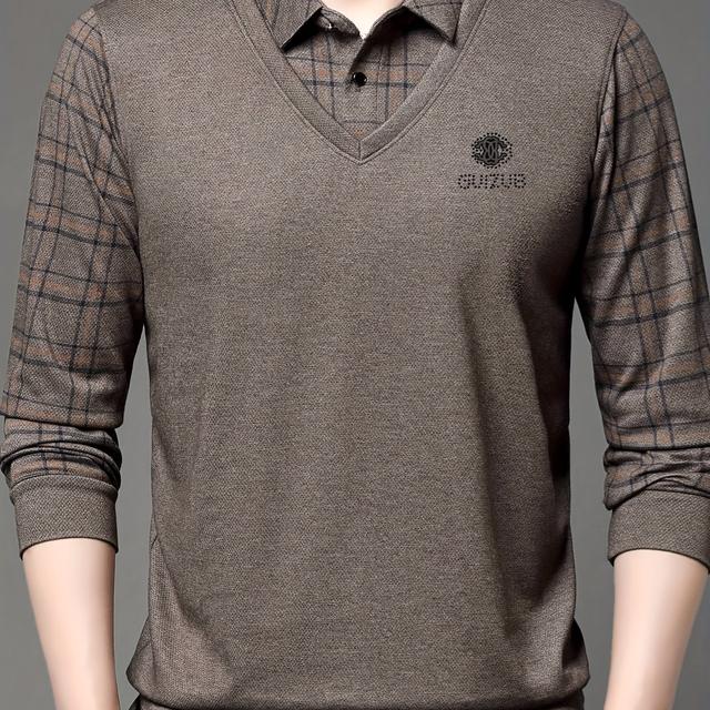 TEMU Camisa polo de manga larga para hombre, estilo de dos piezas, ideal para y otoño, con una capa a cuadros, perfecta para uso casual y atuendos de negocios durante , un regalo para hombres.