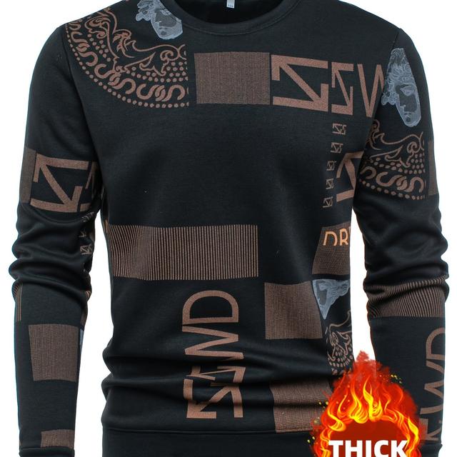 TEMU 남성용 두꺼운 플리스 안감 크루넥 스웨트셔츠 - 겨울 따뜻한 레터 그래픽 프린트 캐주얼 풀오버, 블랙 & 브라운 레귤러 핏 긴팔 탑, 세탁기 사용 가능, 가을 의류, 트렌디 니트웨어, 니트 질감