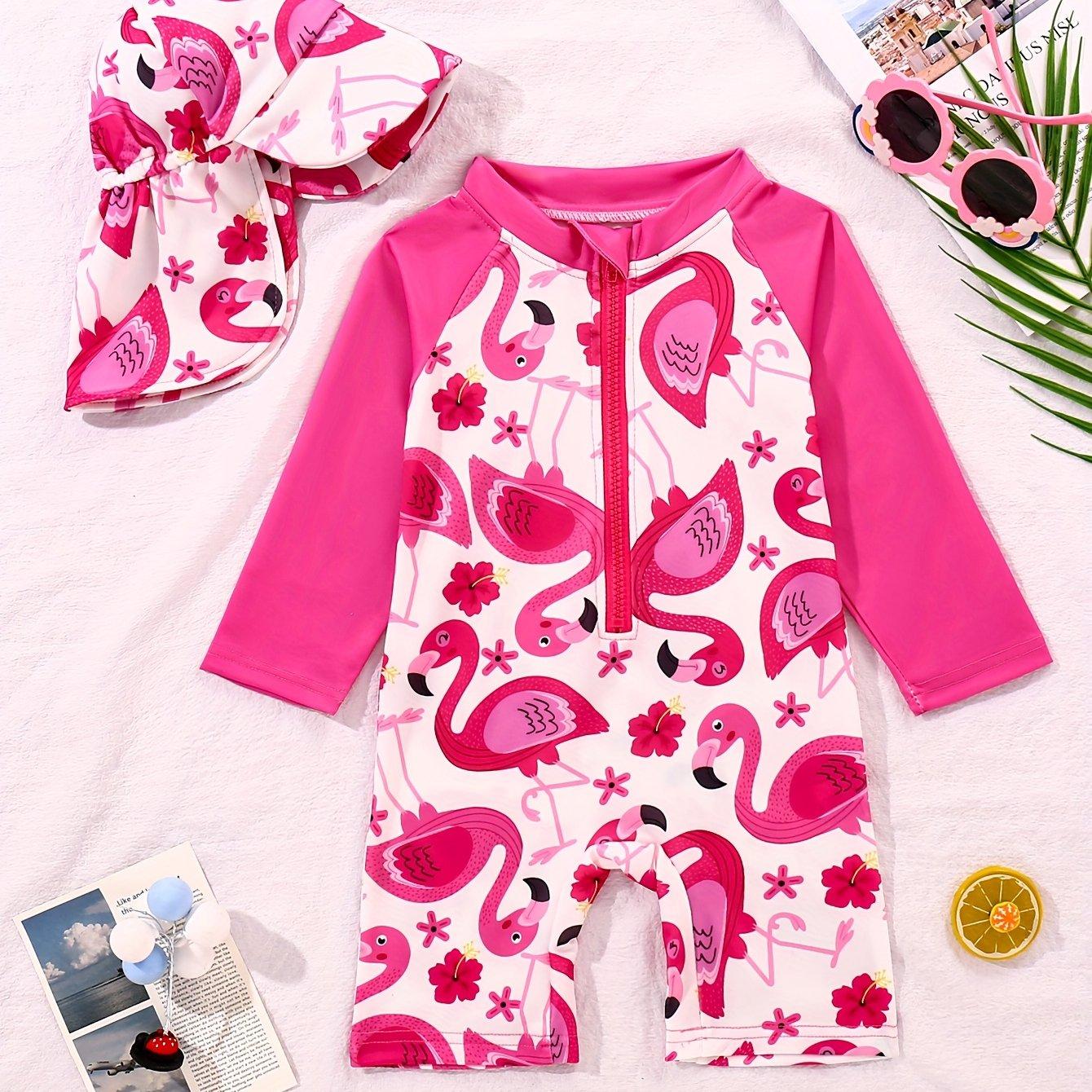 TEMU Summer Long-sleeve Swimsuit And Swim Cap For Baby Girls With A Flamingo Print