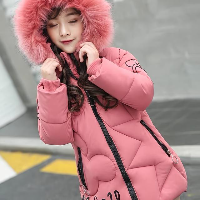 TEMU Flickors vinterfodrad jacka, koreansk stil midjelång fodrad jacka för barn, tjockfodrad jacka för flickor och tonårstjejer, stilfull ytterkläder