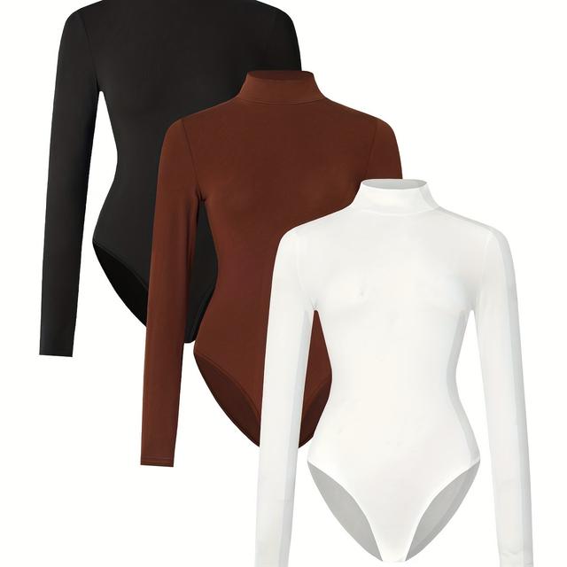 TEMU 3pcs Women's High Neck Long Sleeve Slim Fit Tops - Stretchy Turtleneck Shirts, Semi-sheer Casual Layering Essentials In Black, Brown & White, Versatile Clothing, , Comfortable Wear