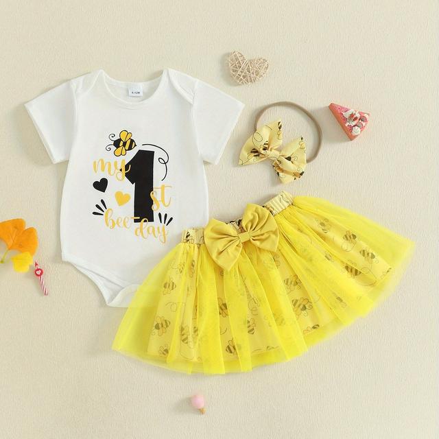 TEMU Baby Girl Summer Outfit Bee Letter Print Crew Neck Short Sleeve Romper Mesh Skirt And Bow Headband 3pcs Set, Outdoor