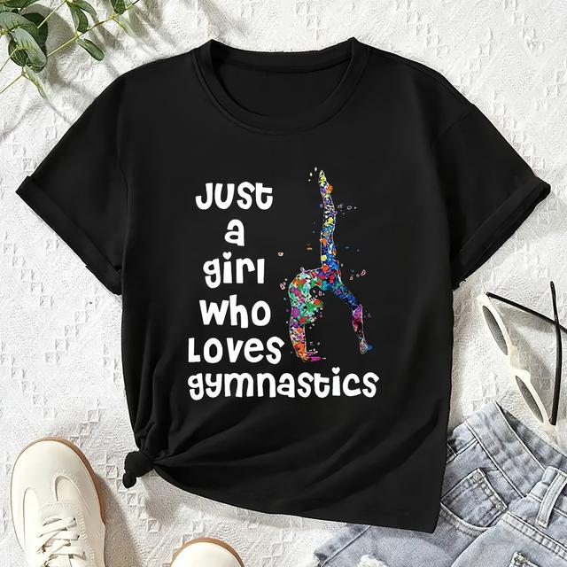 TEMU Modisches Sommer-T-Shirt für Mädchen, lässiger Stil, Rundhalsausschnitt, kurze Ärmel, farbenfroher Gymnastik-Druck, elastischer Strickstoff, mehrere Farben und Größen erhältlich