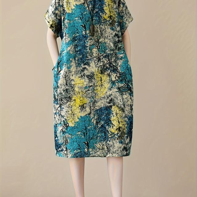 TEMU Women's Plus Size Casual Floral Print Round Neck Dress With Pockets - Machine Washable Loose Fit Sleeve Midi Dress For Casual Attire, Sleeve Dresses, Durable Casualwear