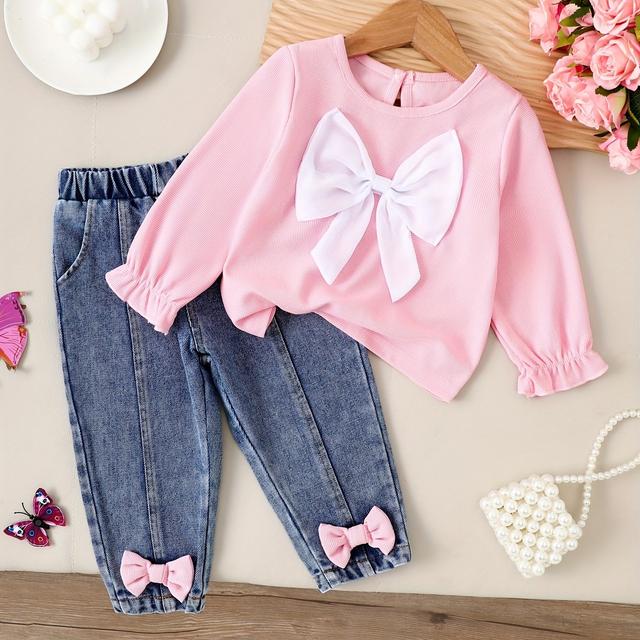 TEMU Girls' Spring/autumn Bow Decorated Denim Long Sleeve Set, , Spring Autumn Wear, Elegant Style, Loose Fit Design, Quality Stitching, Comfortable Material, Matching Top And Pants, Parents Shopping