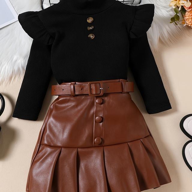 TEMU 3pcs Girls' Solid Color High Neck Long Sleeve Top + Pu Pleated Skirt + Belt Three-piece Set