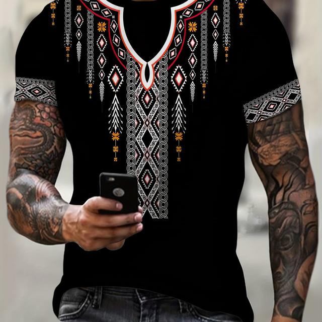 TEMU Ethnic Style Pattern Print Plus Size Men's Crew Neck Trendy T-shirt, Versatile Comfortable Top For Big & Tall