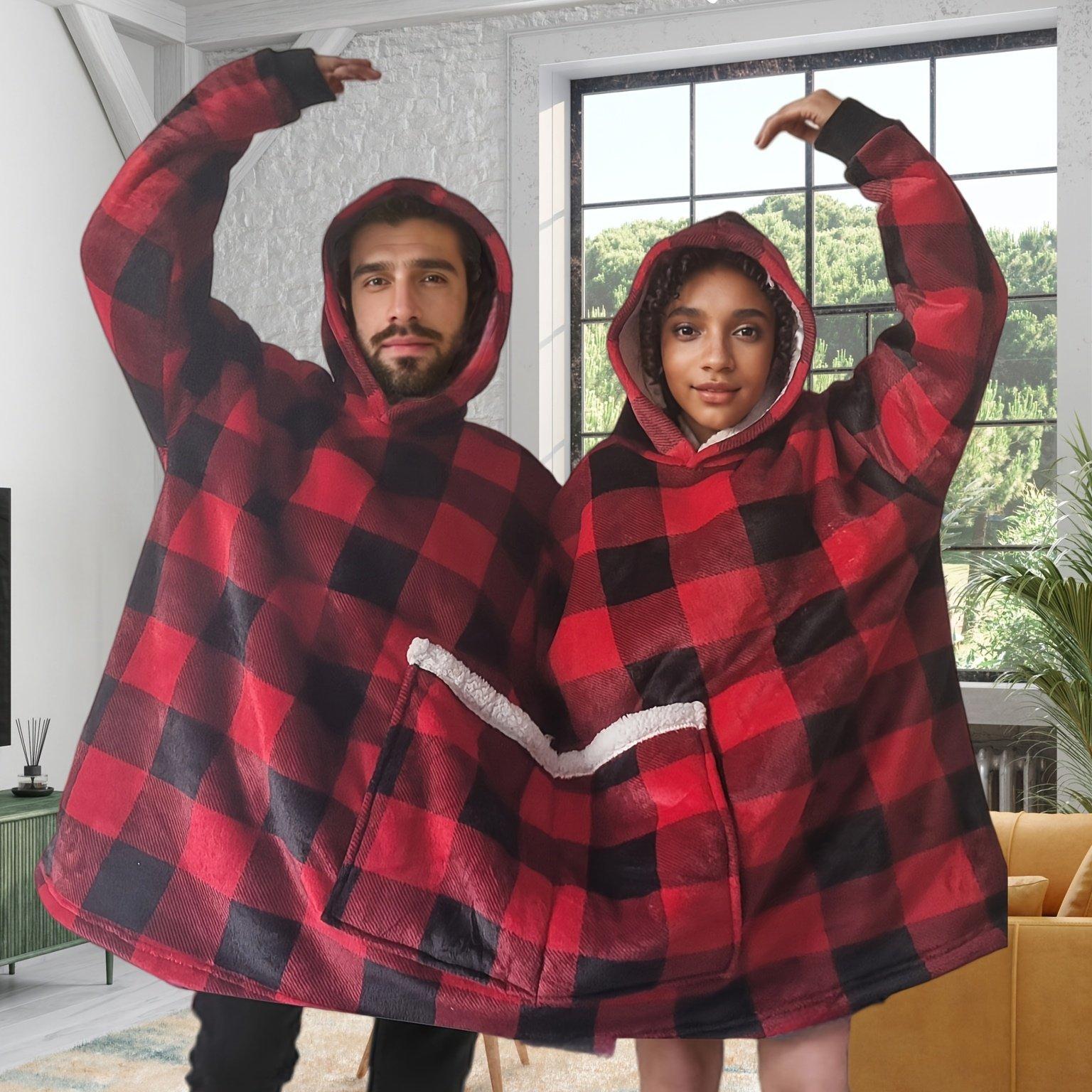 TEMU Trendy Red And Black Thickened And Elongated Hooded Pullover Loungewear Robe For Couples, Plus Size