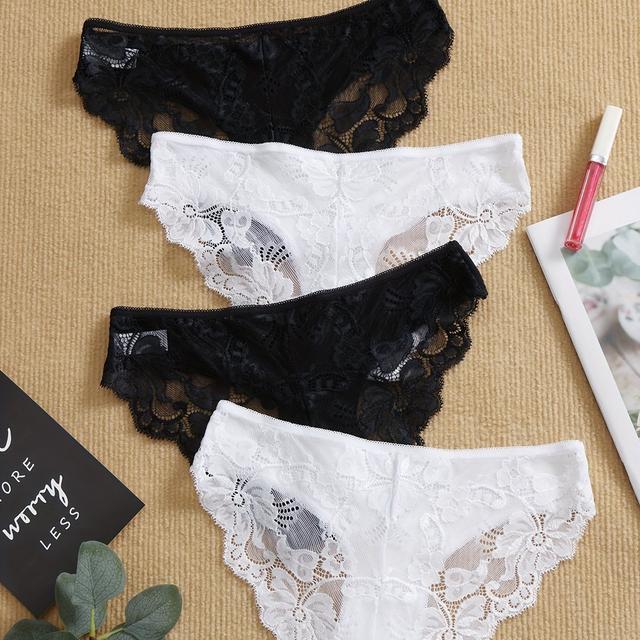 TEMU Ein Set aus vier neuen, sexy, spitzen, mittelhohen Dreieckslaschen für Damen, mit elastischem und einer reinen Gusset.