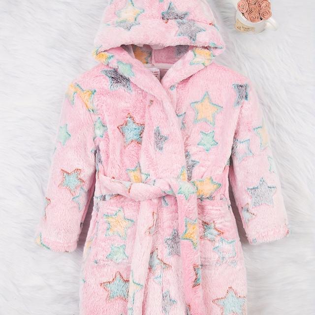 TEMU Rosa hettegenser med dyreprint og -/sjøstjernedesign, myk flanellbadekåpe med belte og maskinvaskbar for høst/vinterbruk, vintertøy, badekåpe, leken print, mykt flanellstoff, varm kåpe, moteplagg