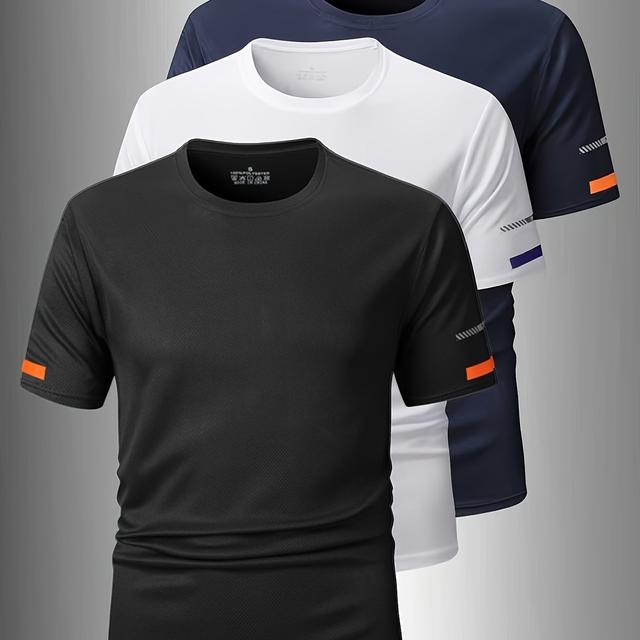 TEMU Set Of 3 Quick-dry Short-sleeve T-shirts For Men, Made Of Fabric, Breathable For Sports And Fitness, Loose-fitting With A Round Neck