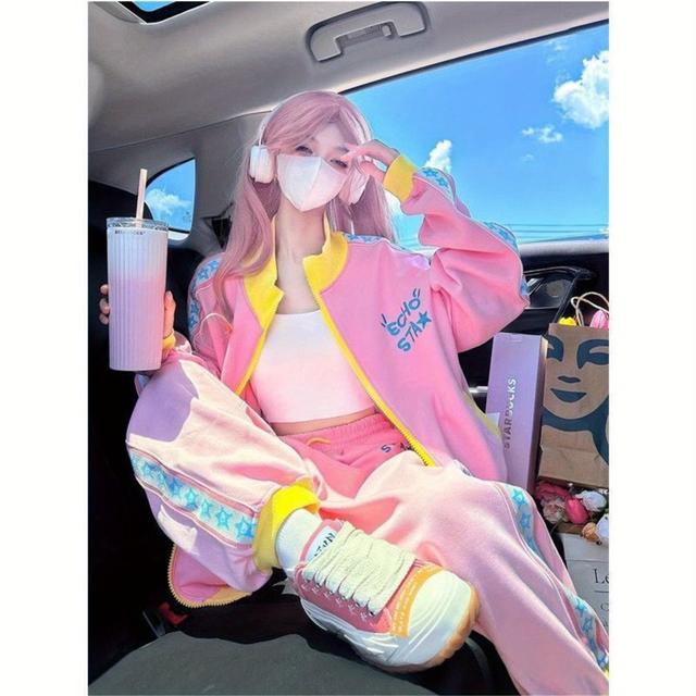 TEMU 秋のトレンディなドーパミンブランドカジュアルスポーツウェアスーツ 女性用ピンクストリート風カーディガンスウェットシャツ&パンツ2点セット