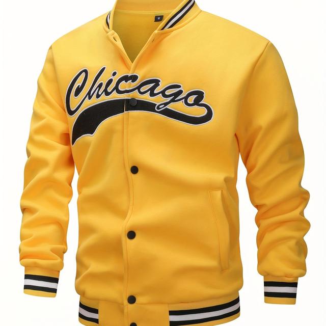 TEMU Herren Herbst/Winter Letter Stickerei Freizeit Baseball Jacke, Strickstoff, Regular Fit, Langarm, Tasche, Knopfverschluss, Chicago Style, Sport Freizeit Oberbekleidung