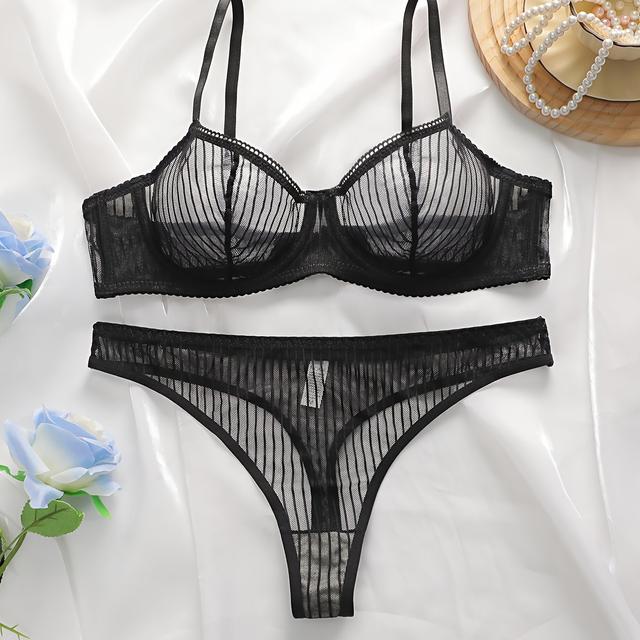 TEMU Ensemble Soutien-gorge Push-Up en Dentelle Sexy & String pour Femmes - Respirant, Mélange de Nylon Non-Transparent, Lavable à , Anneau en Acier, Petite Coupe, Ensemble de Soutien-gorge