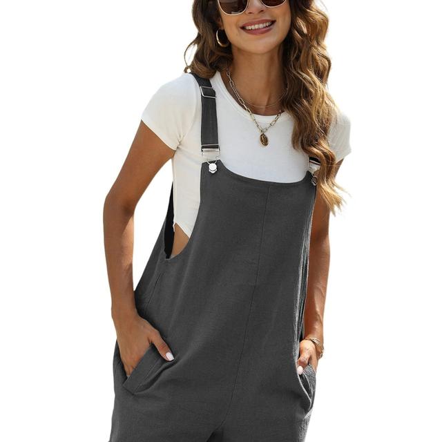 TEMU Women's Sleeveless -linen Jumpsuit Comfy Palazzo Style With Pockets Casual Wear For Spring To Fall