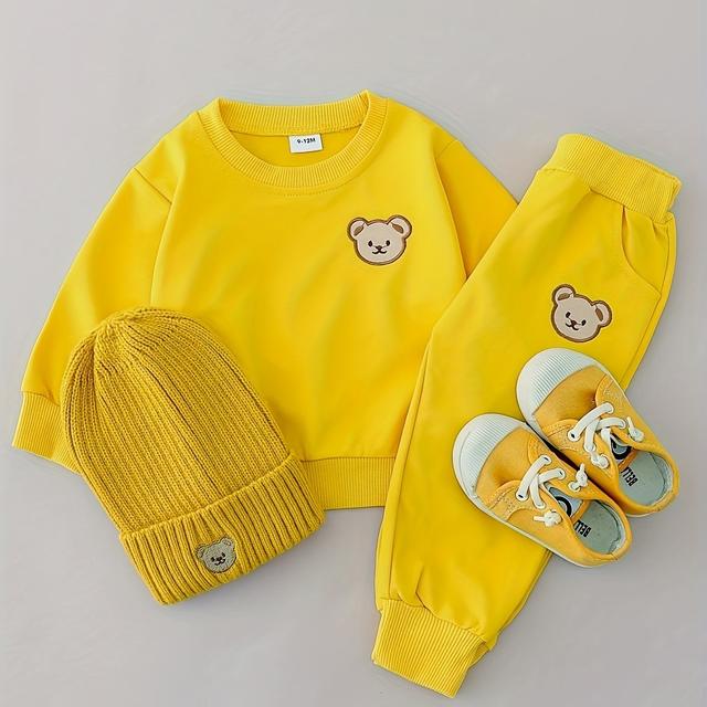 TEMU Chic Bear Embroidered Outfit Set - Cozy Polyester Sweatshirt & Pants With Pockets, Machine Washable - Spring/fall, Bear Outfit, Outdoor