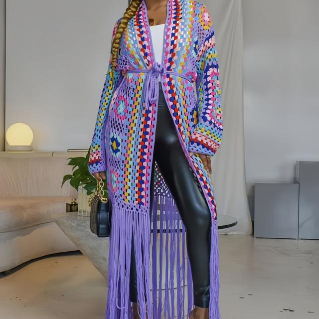 TEMU Women's Knitted Open-front Cardigan, Casual Tassel Long-sleeved Hollow Hand-crocheted Long Coat For Women Swimsuit Cover-ups