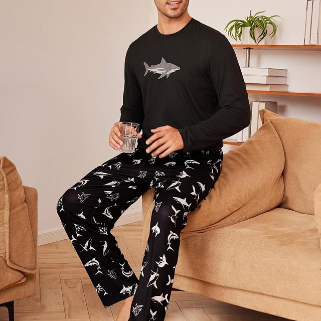 TEMU 1set Herren Shark Print Schwarz Langarm Oberteil und Hose Pyjama Set, lässiger Rundhalsausschnitt Polyester Strickstoff Schlafanzug mit leichtem Stretch, Regular - Set