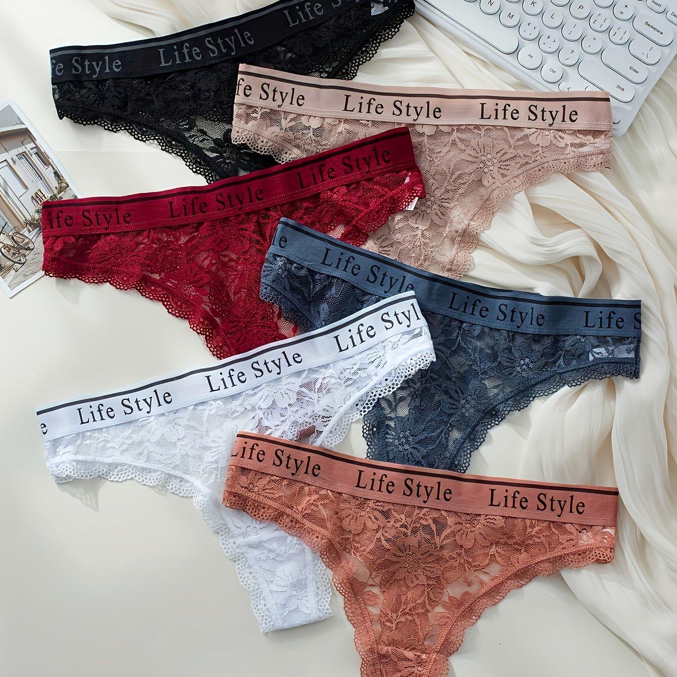 TEMU 6pcs Women's Lace Floral Bikini Panties, Low-waist With Delicate Lace Trim, 6 Colors, Women's Underwear And Panties