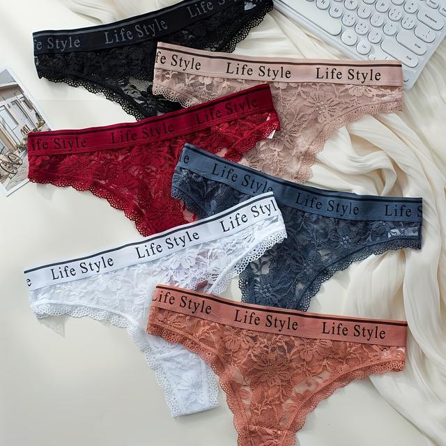 TEMU 6pcs Women's Lace Floral Bikini Panties, Low-waist With Delicate Lace Trim, 6 Colors, Women's Underwear And Panties