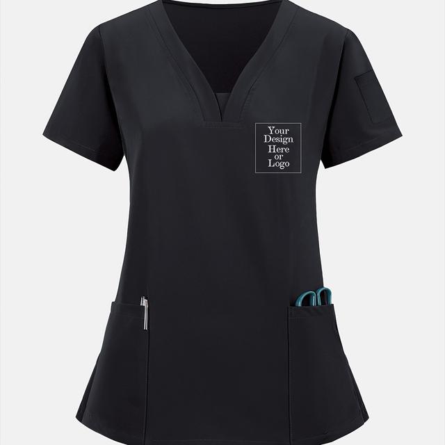 TEMU Custom] Personalized Picture And Text Print V-neck Short Sleeve Hand Washing/hand Brushing Workwear Top, Frosted Finish