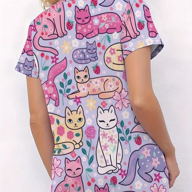 TEMU Women's V-neck Scrub Top With 3d Cartoon Cat & Floral Print, Short Sleeve, Pockets - Comfortable Work Uniform, , Wear, Scrubs For Nurses