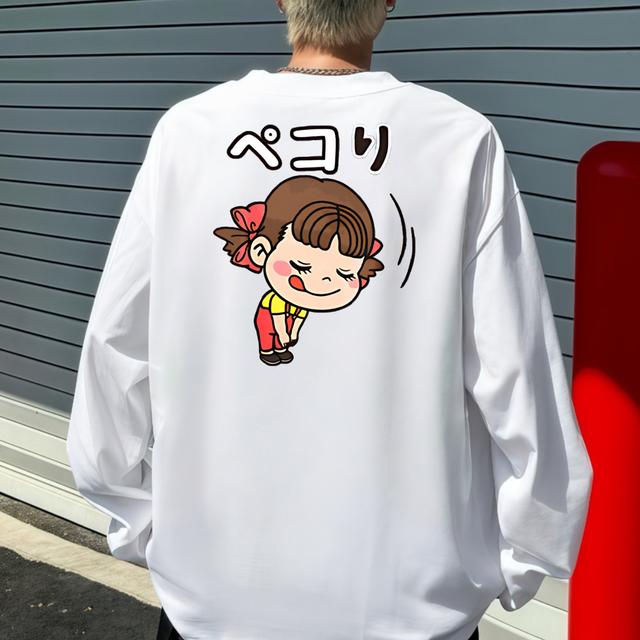 TEMU Y2K風 日本アニメ Tシャツ - 100%オーバーサイズ 長袖シャツ かわいいちびキャラクタープリント、ペコメーターデザイン＆日本語テキスト - ス カジュアルウェア、洗濯機対応 ギフト