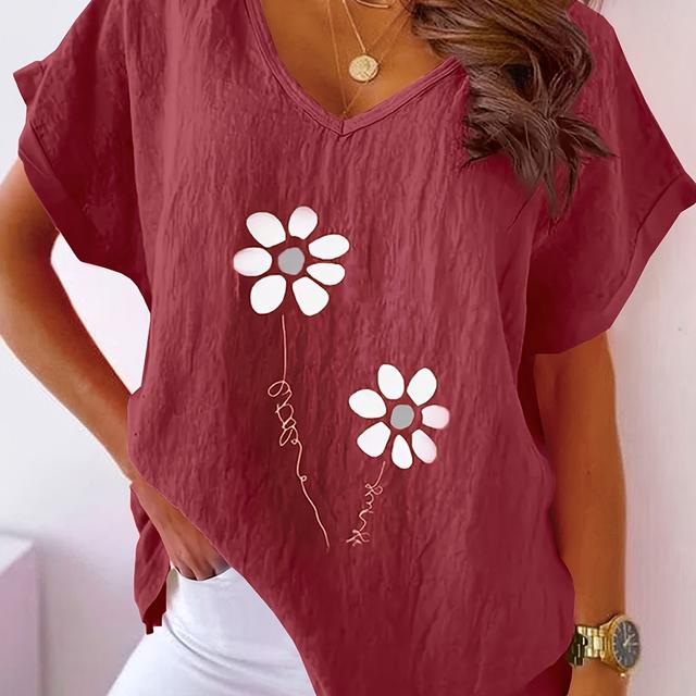 TEMU Plus Size, Plus Size Women's Floral Print V-neck Casual Batwing Short Sleeve