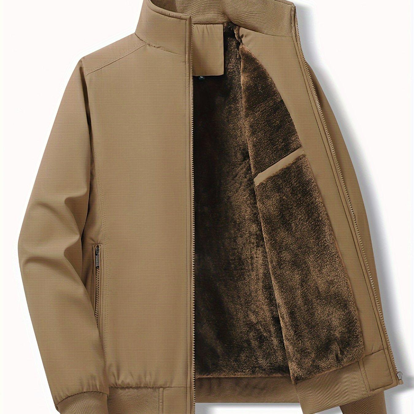TEMU 1pc Jaqueta Casual Masculina de Fleece de Poliéster com Bolsos com Zíper - Cor Manga Longa com de Lapela para /Outono/Inverno, Lavável & À de Vento, Tecido Não Elástico, Corte Regular