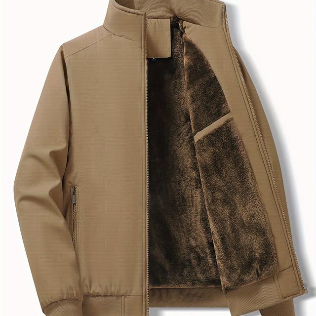 TEMU 1pc Jaqueta Casual Masculina de Fleece de Poliéster com Bolsos com Zíper - Cor Manga Longa com de Lapela para /Outono/Inverno, Lavável & À de Vento, Tecido Não Elástico, Corte Regular