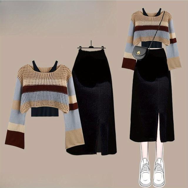 TEMU 秋に！2023年新作 大きめサイズ ストライプブラウス＆スカートのツインセット レディース服