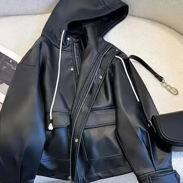 TEMU جاكيت نسائي أسود بغطاء للرأس مع حواف متباينة - وصول لفصلي 2025 بأسلوب كوري، مع أزرار أمامية، قابل للغسيل في الآلة، ملابس خارجية متعددة الاستخدامات للملابس الكاجوال، جاكيت أنيق