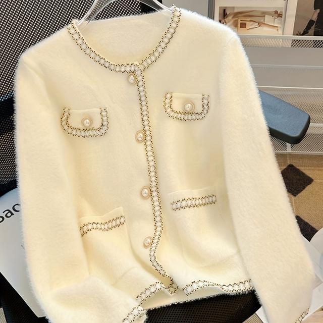 TEMU Cardigan boutonné contrasté à l', cardigan chic à manches longues et col rond avec poches pour et l'hiver, vêtements pour femmes