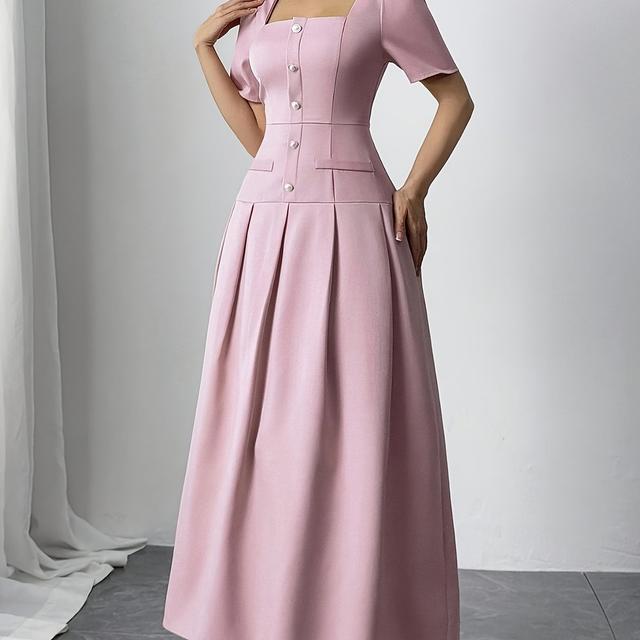 TEMU Elegant Pink Square Neck Dress For Women - Short Sleeve, Cinched Waist, A-line Silhouette, Button Detail, Spring & Fall, Cute Dress