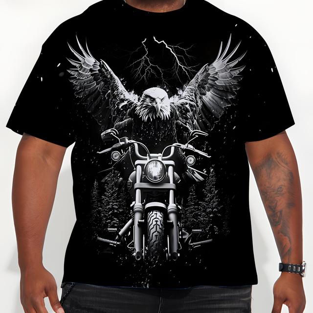 TEMU Men's Plus Size Retro 3d Motorcycle & Lightning Graphic Tee - Casual Round Neck Short Sleeve Shirt For Summer Outdoor Activities, Breathable Polyester , Plus Size