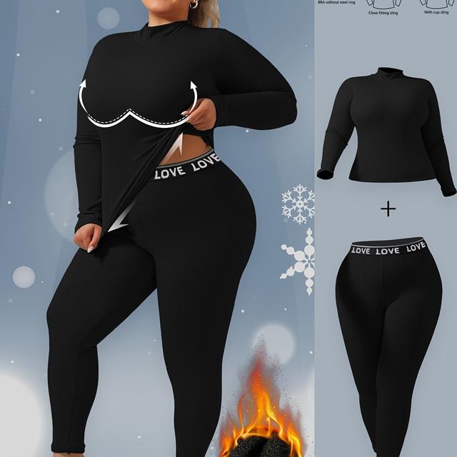 TEMU Targeted Development Of Middle Eastern Plus Size Set, Autumn Winter Fleece Ribbed Turtleneck Tight Long Sleeve Top With Letter Belt And Ankle Pants, 2-in- Need To Wear Bra With Built-in Cup