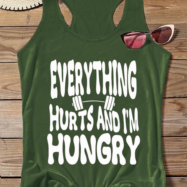 TEMU Plus Size Casual Sporty Hungry Slogan Print Tank Top, Sleeveless Racer Back Casual Top For Summer & Spring, Women's Clothing