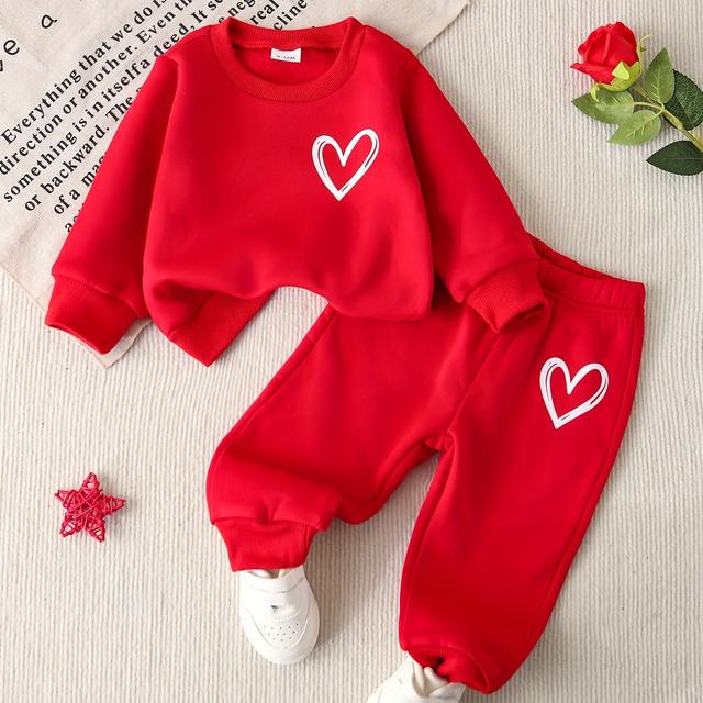 TEMU 2pcs Girls' Heart-, -lined Red Heart Print Crew Neck Long Sleeve Sweatshirt And Jogger Pants 2pcs Set, And Cute, Warm, Perfect For Outdoor
