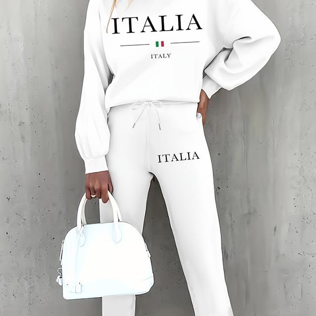 TEMU Targeted Autumn And Print Two-piece Set, Casual Long-sleeve Fleece Sweatshirt And Drawstring Jogger Pants Outfit For Women