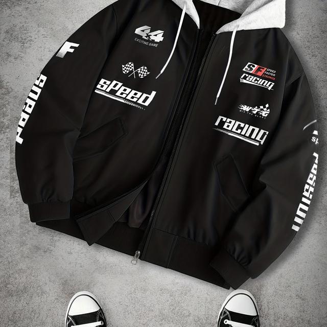 TEMU جاكيت هودي بتصميم طباعة سباق الشوارع الأمريكي العصري - مظهر 2 في 1 - JK5682