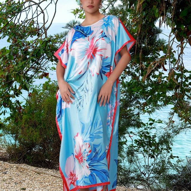 TEMU Women's Plus Size Tropical Beach Floral Print Cover-up - With Flowers, Sleeveless Crew Neck, Loose Fit For Summer, Casual Beachwear, Beach Coverup | Sleeveless Top | Nonelastic Fabric