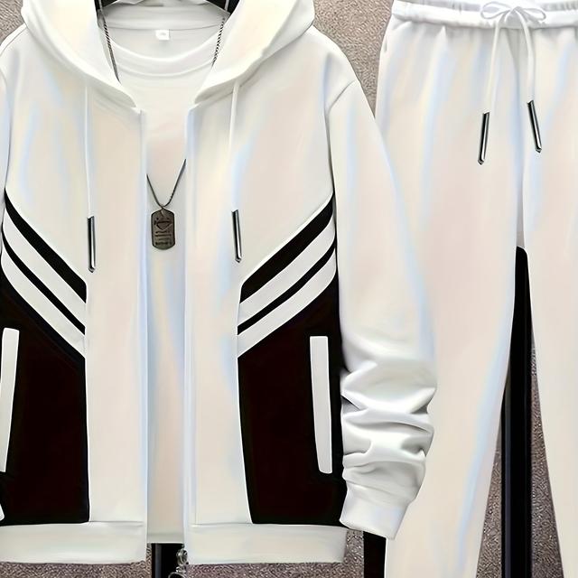 TEMU مجموعة تراكسوت رجالية عارضة مصنوعة من البوليستر مع الجيوب، تصميم بأكمام طويلة ونسيج محبوك بلون صلب مع مرونة طفيفة، قصة عادية للهودي والبنطال