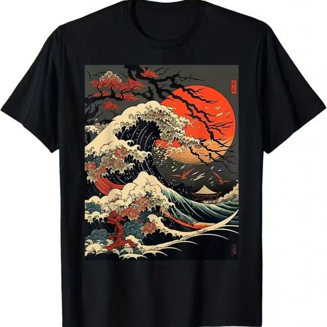 TEMU Retro Great Wave With Cherry Blossoms Art T-shirt | Crew Neck, Slight Stretch, Regular Fit, Perfect For All