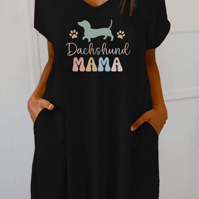 TEMU Dachshund Mama Women's V-neck T-shirt Dress With Pockets - Casual, Stretchy Polyester, Cartoon Print For Adults, Festive Occasions, Beer Festival Attire | Print Dress | , Dachshund Clothes