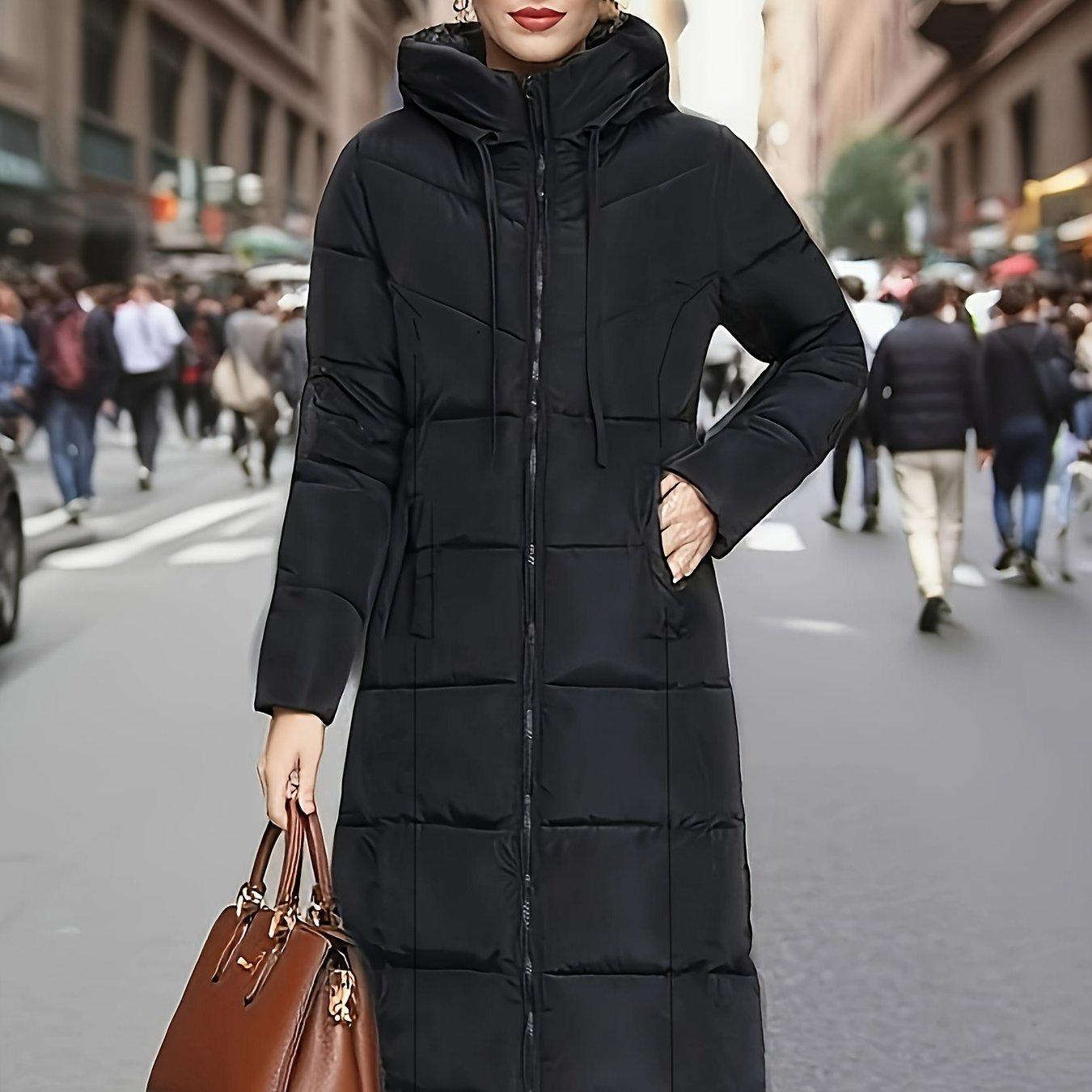 TEMU Women's Black Longline Hooded Jacket - Winter Thick Trench Coat With Premium Matte End, Heavyweight Windproof Fabric, Full-zip Closure And Side Pockets, Luxe Minimalist Outerwear For Weather