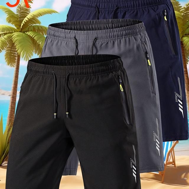 TEMU 3 قطع من السراويل الرياضية الرياضية السوداء ذات النمط الهندسي للرجال، قماش صيفي رقيق من الألياف الجليدية، سراويل رياضية سريعة الجفاف مع جيوب