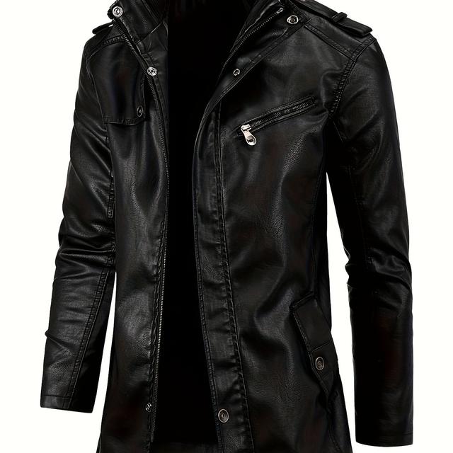 TEMU 1pc Vintage Style Men's Leather Jacket - Mid-length Stand Collar Coat With Zipper Closure, Polyester , Solid Color, Regular Fit, Non-stretch Fabric