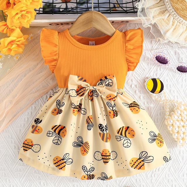 TEMU Vestido sin para niñas con estampado de abeja de colorida - Dobladillo abullonado, cuello , tejido y transpirable para y salidas informales, ropa de juego, diseño , ajuste .